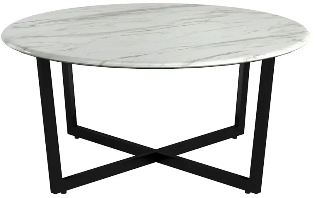 Llona 36" Round Coffee Table in White Marble Melamine with Matte Black Base