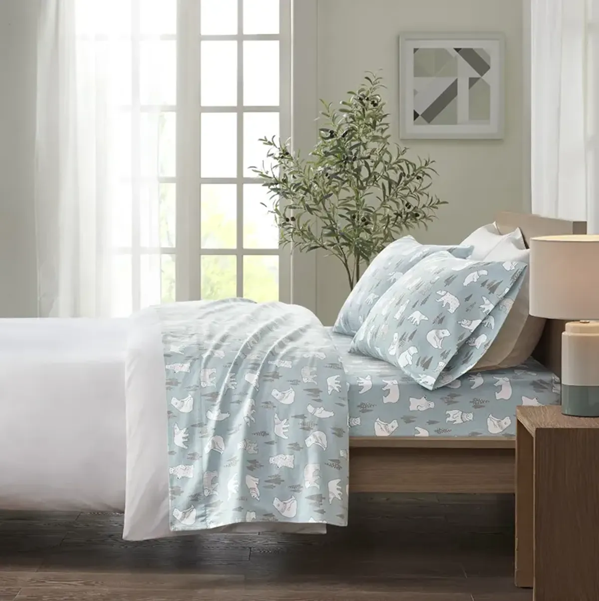 True North by Sleep Philosophy Cozy Flannel Blue Polar Bears Printed Sheet Set