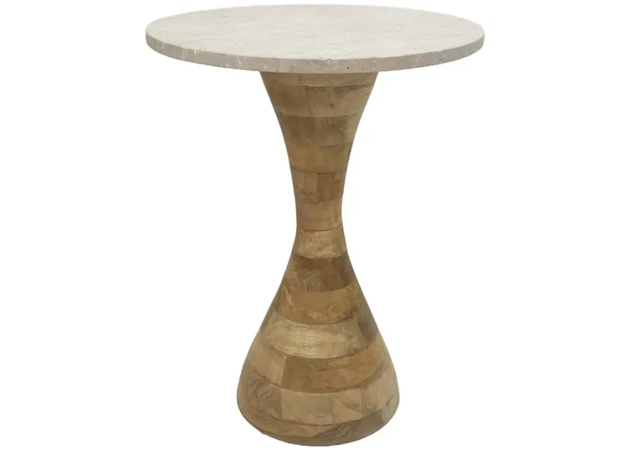 22" Travertine Top Wood Base Accent Table, Tan/nat