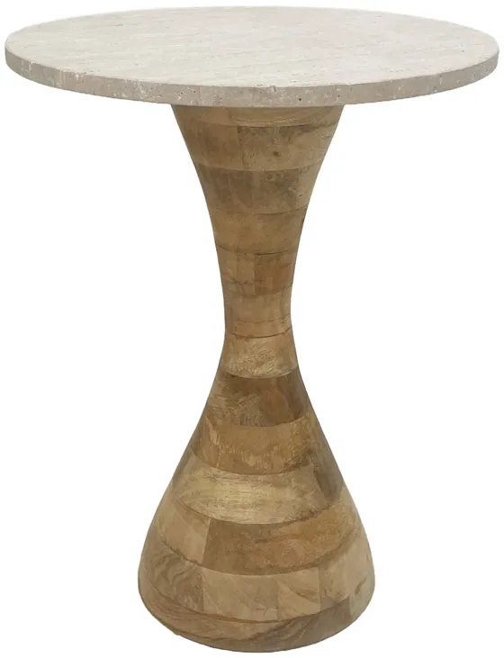 22" Travertine Top Wood Base Accent Table, Tan/nat