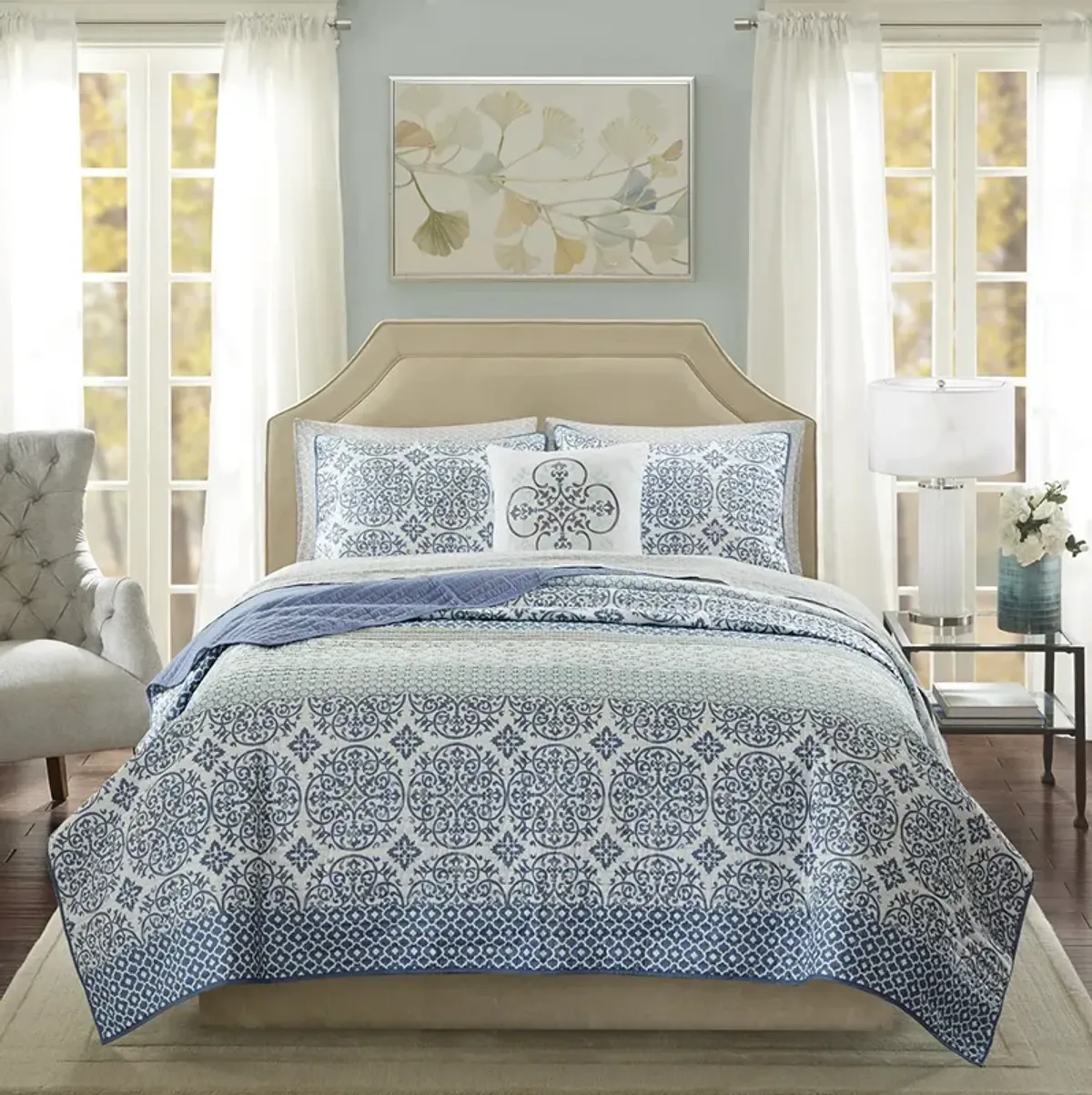 Madison Park Essentials Sybil Blue 8 Piece Quilt Set with Cotton Bed Sheets