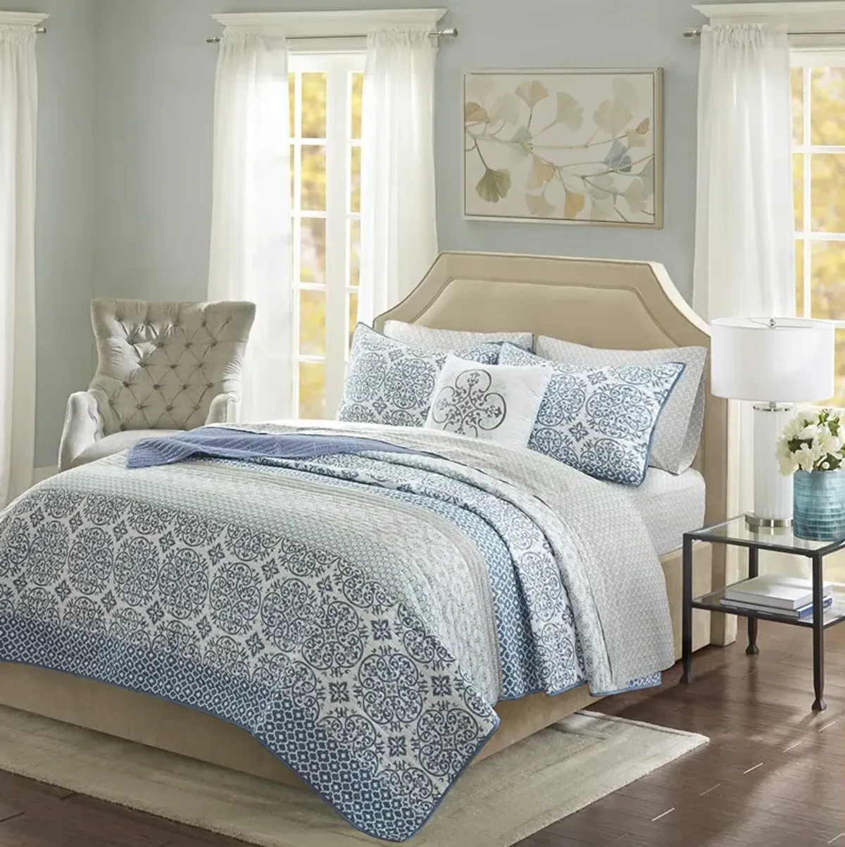 Madison Park Essentials Sybil Blue 8 Piece Quilt Set with Cotton Bed Sheets