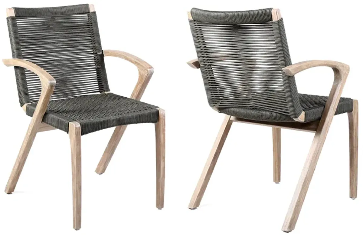 Brielle Outdoor Light Eucalyptus Wood and Charcoal Rope Dining Chairs - Set of 2