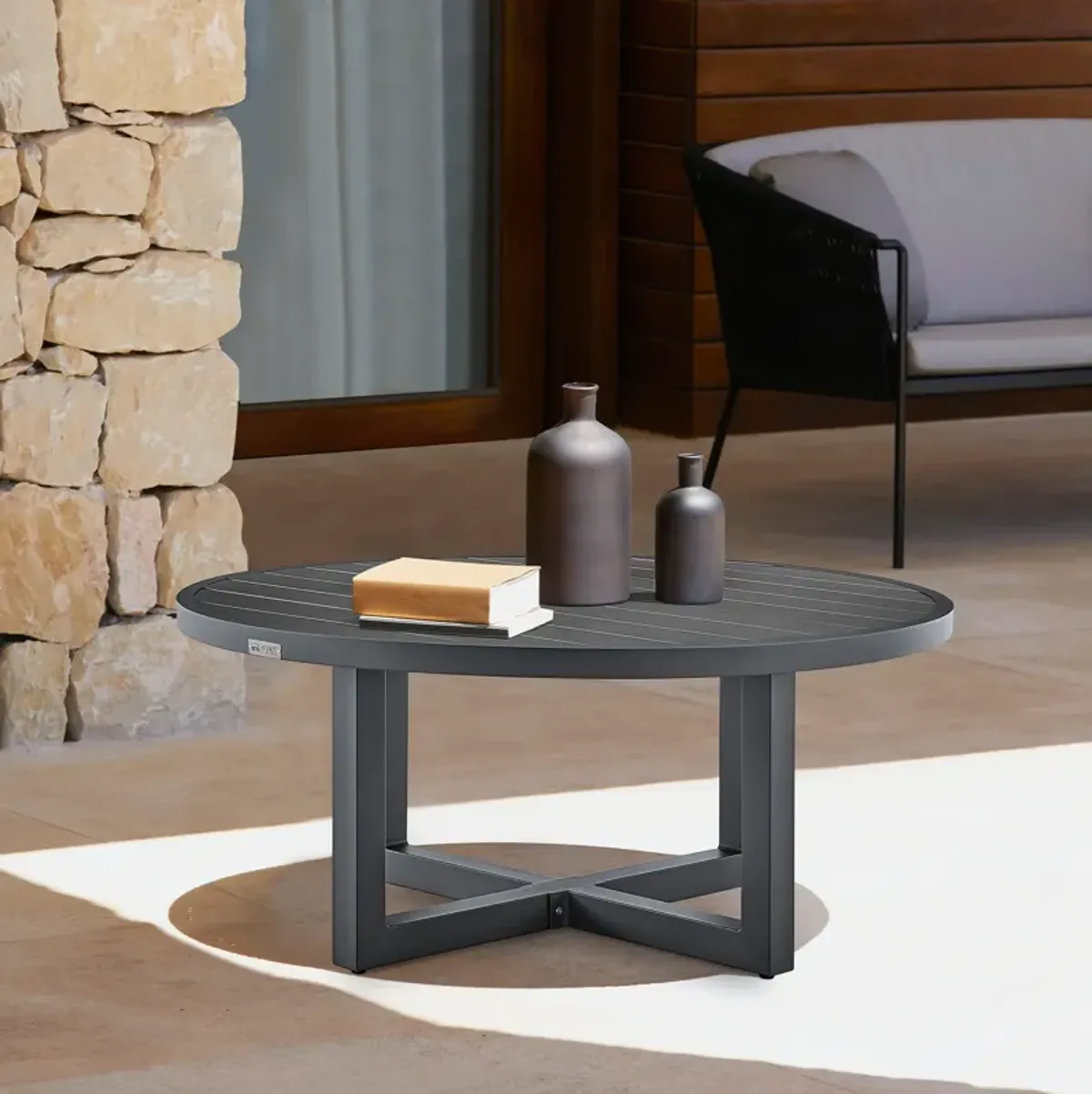 Argiope Outdoor Patio Round Coffee Table in Gray Aluminum