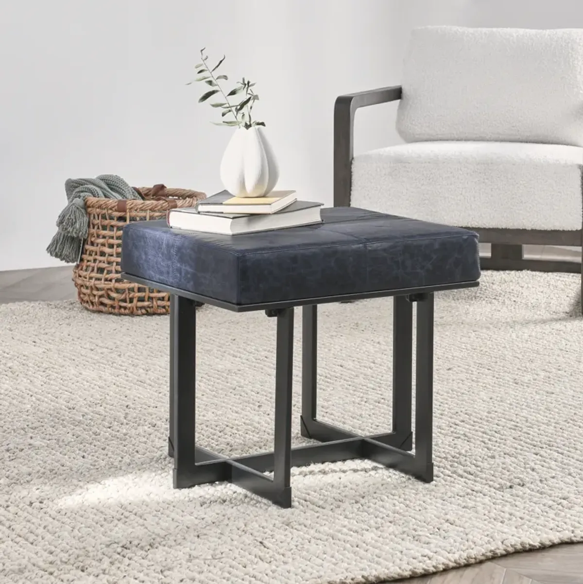 Calvin Transitional Genuine Leather Stool in Nightfall Blue