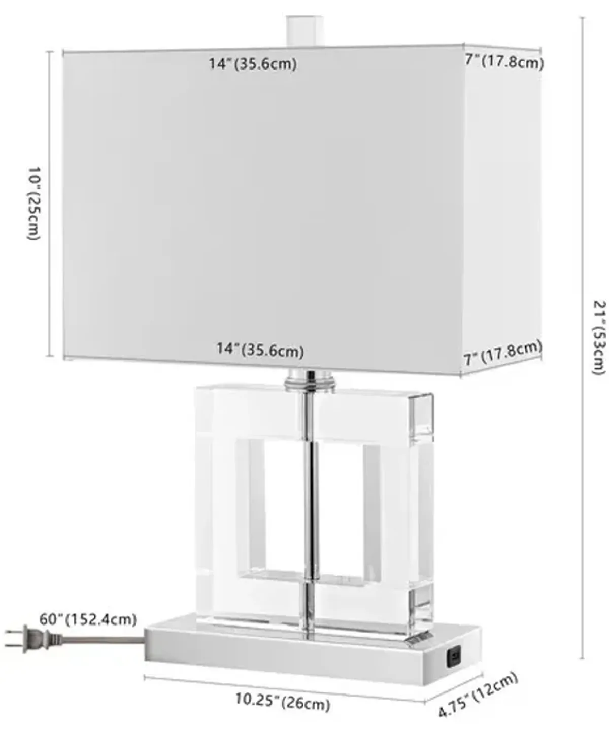 TOWN SQUARE, 21 INCH, CLEAR/WHITE, CRYSTAL/IRON TABLE LAMP W/ USB PORT?