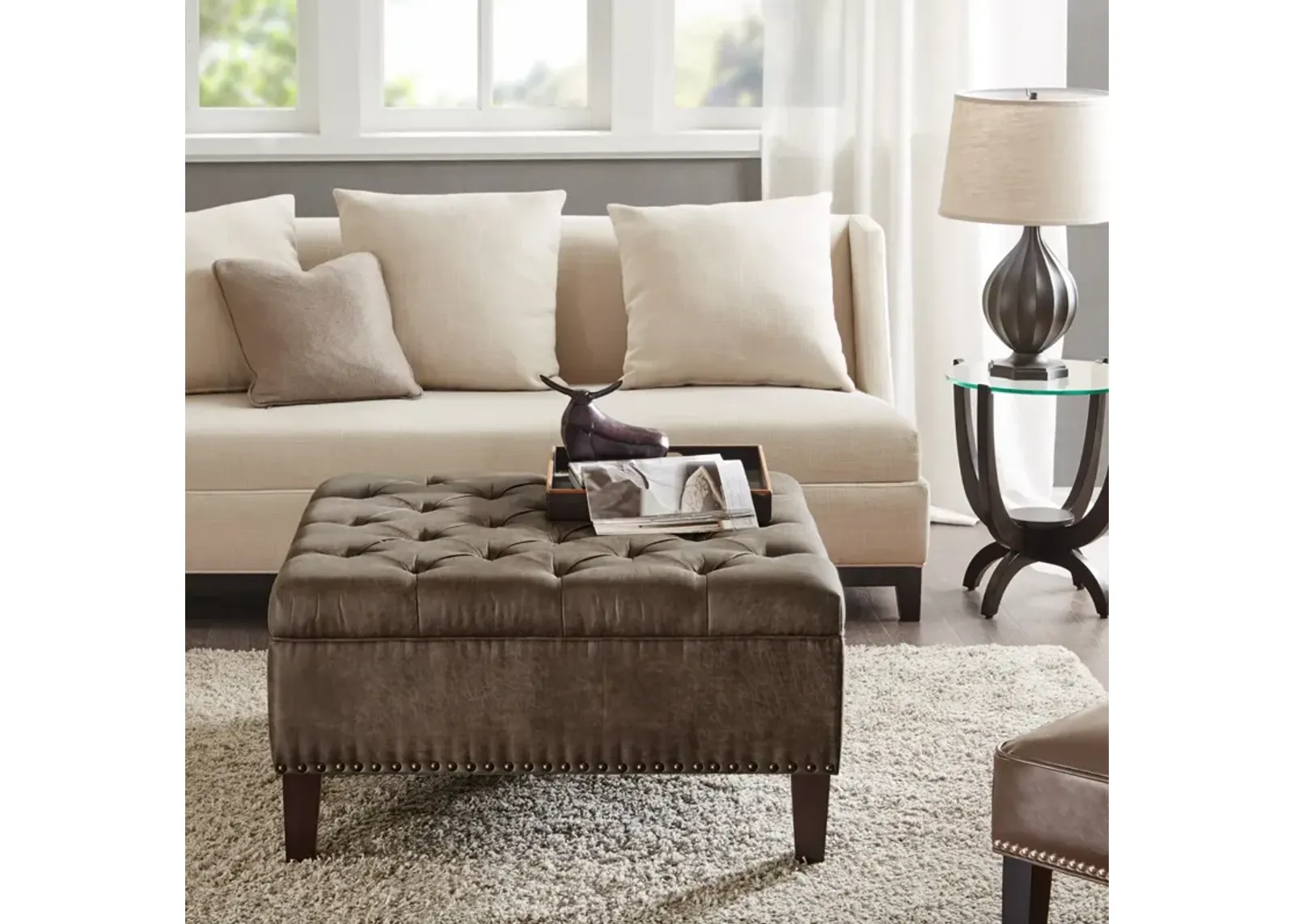 Madison Park Lindsey Brown Tufted Square Cocktail Ottoman