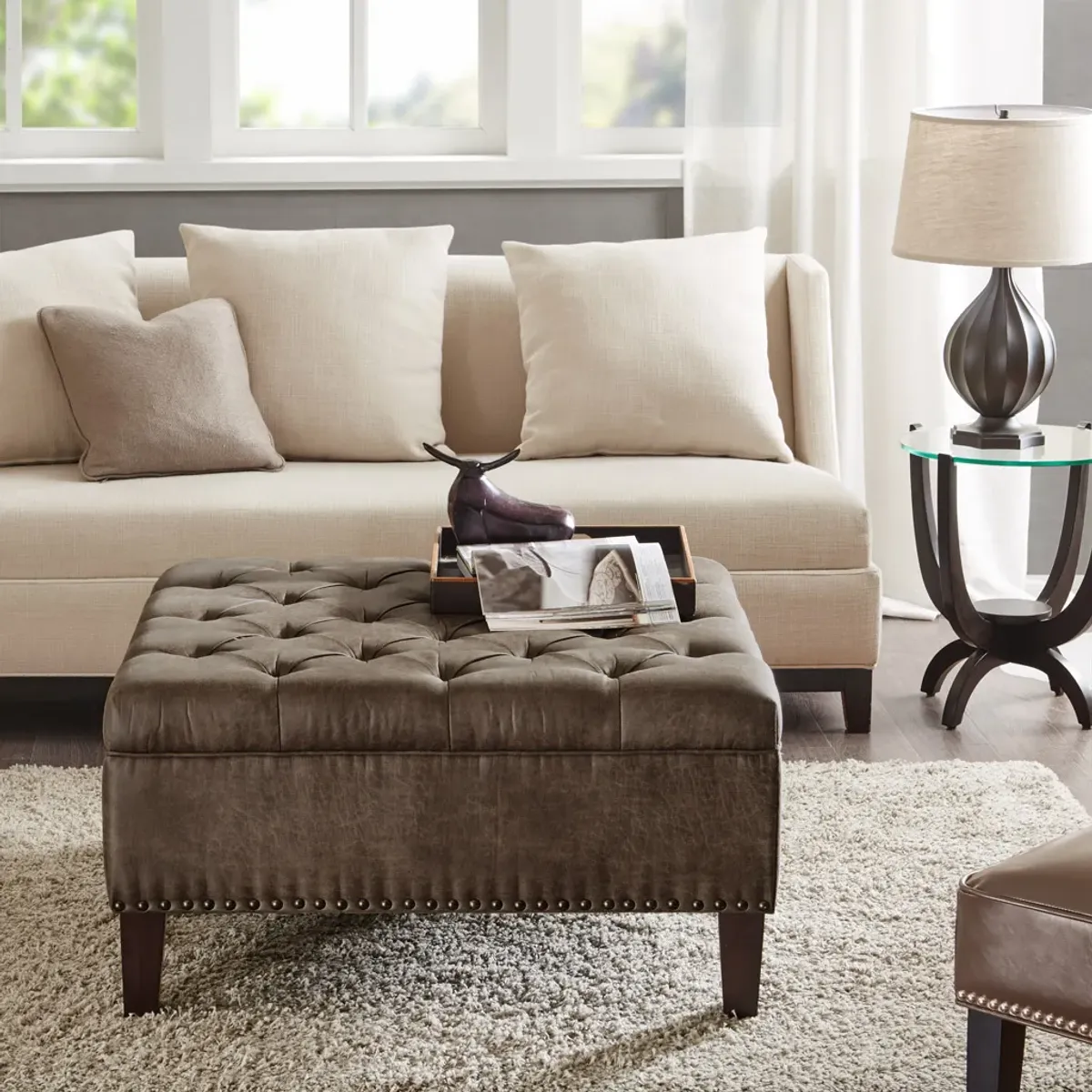 Madison Park Lindsey Brown Tufted Square Cocktail Ottoman