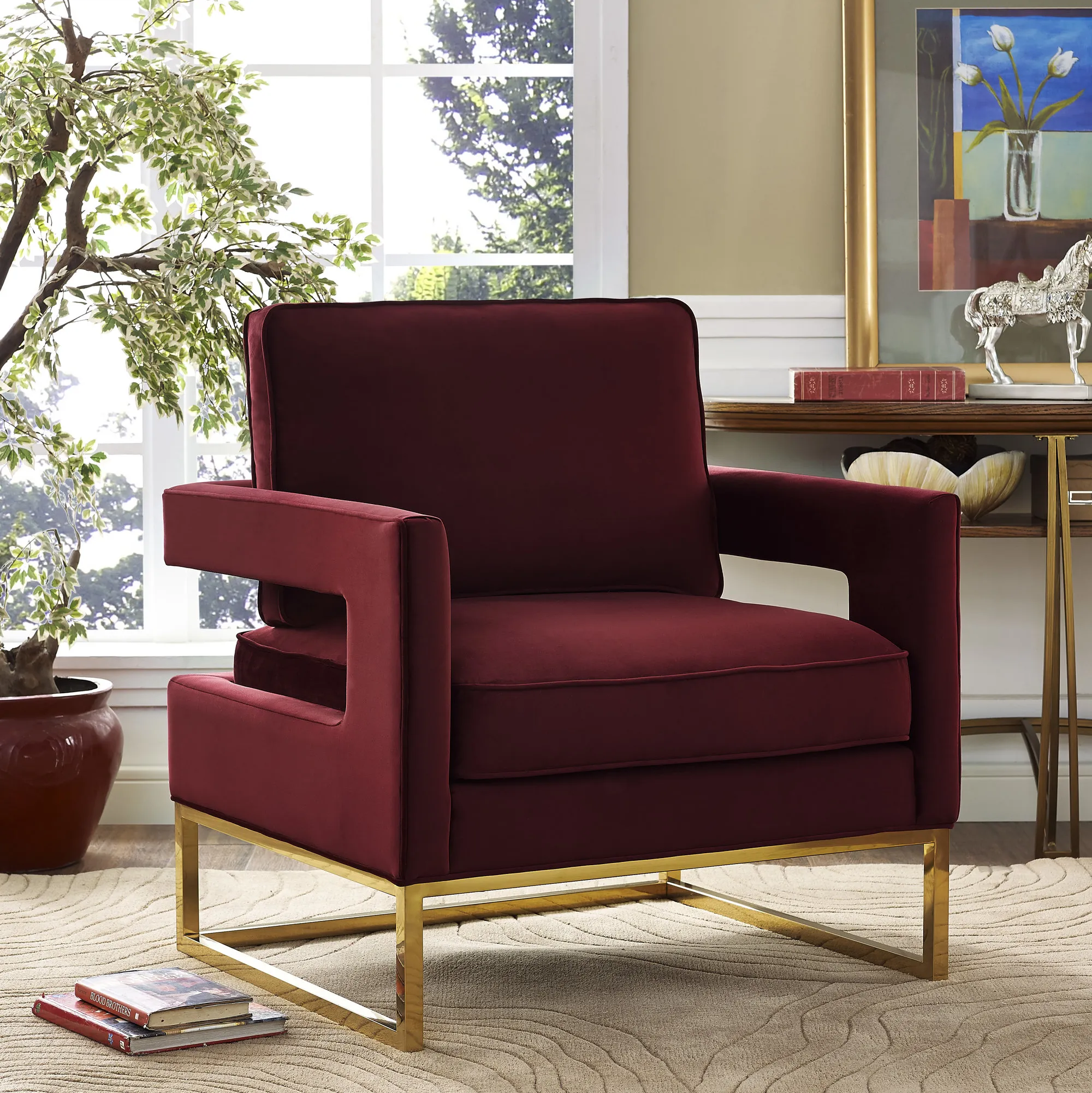 avery maroon velvet chair with polished gold base