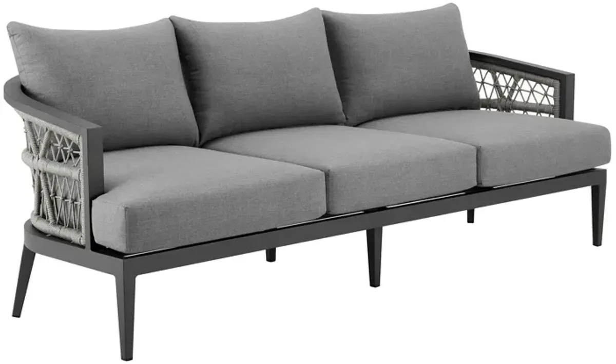 Zella Outdoor Patio Sofa in Aluminum with Light Gray Rope and Earl Gray Cushions