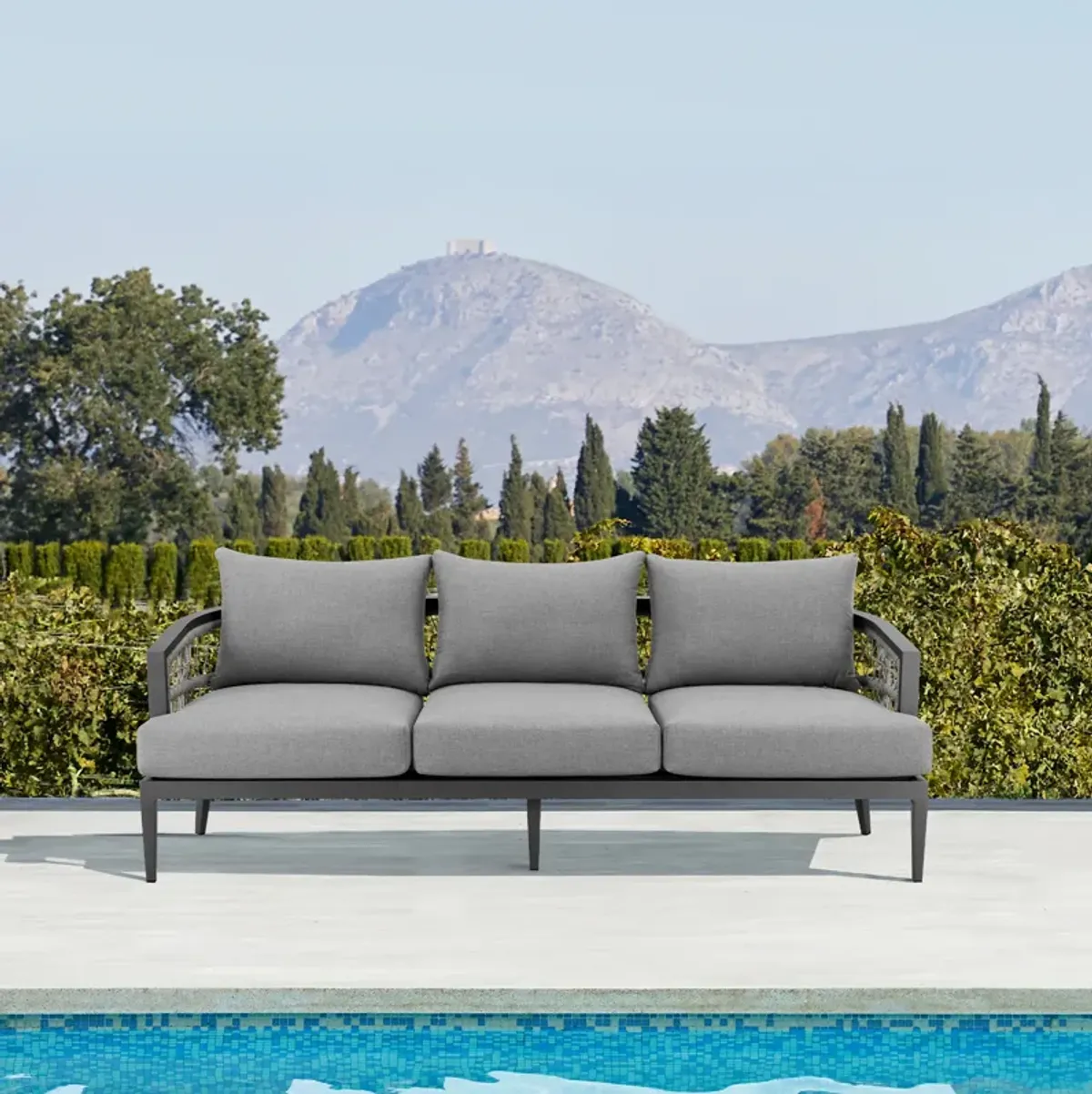 Zella Outdoor Patio Sofa in Aluminum with Light Gray Rope and Earl Gray Cushions