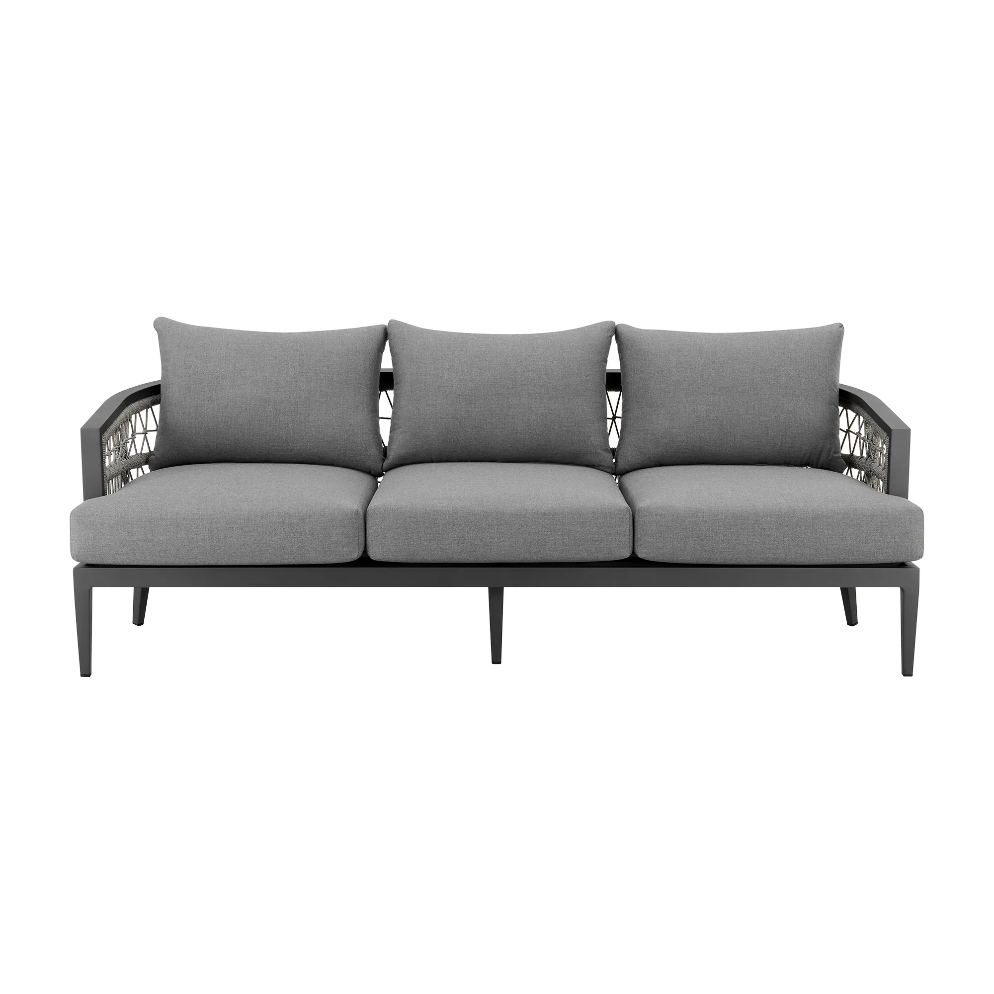 Zella Outdoor Patio Sofa in Aluminum with Light Gray Rope and Earl Gray Cushions