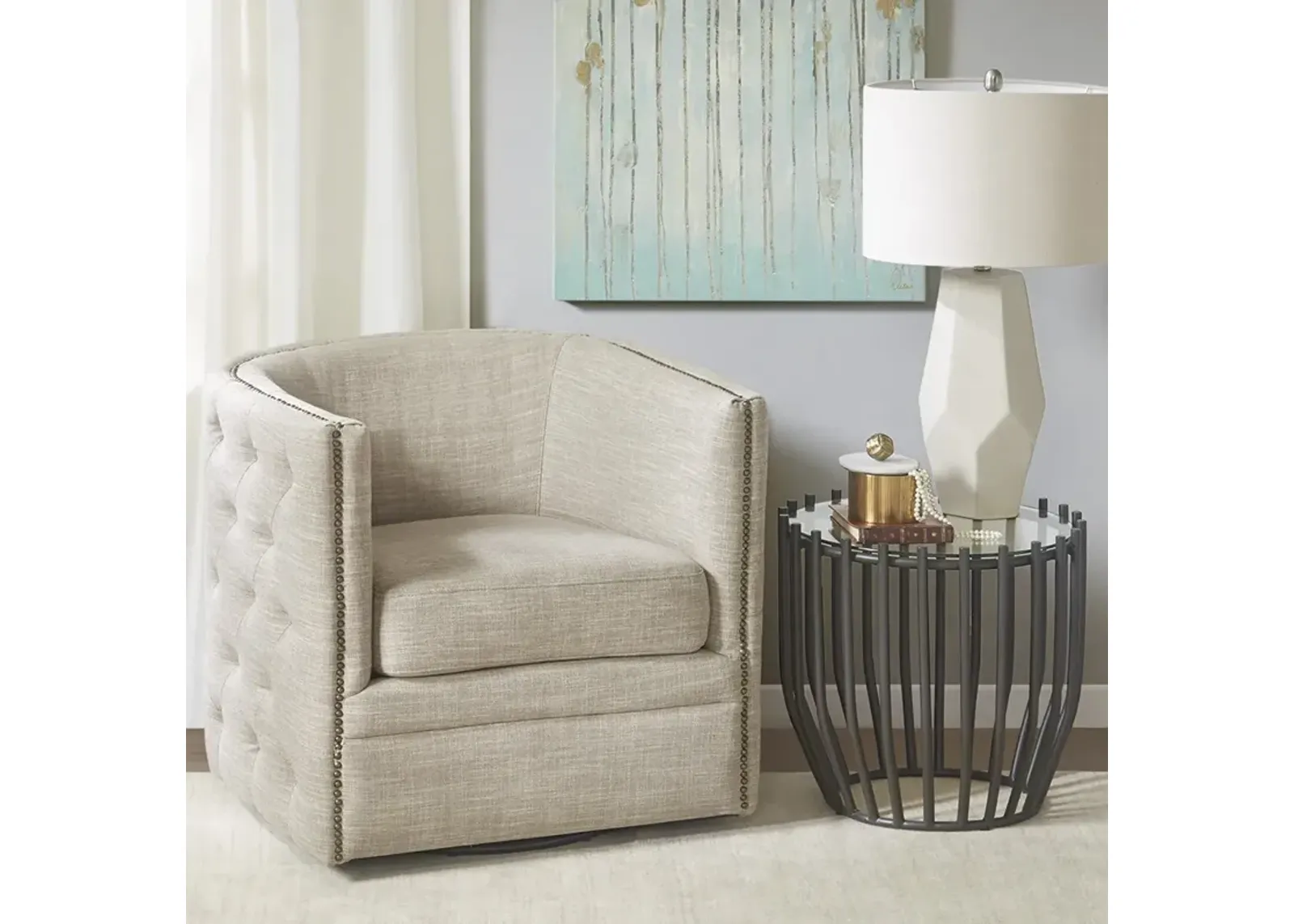 Madison Park Capstone Taupe Multi Tufted Barrel Swivel Chair