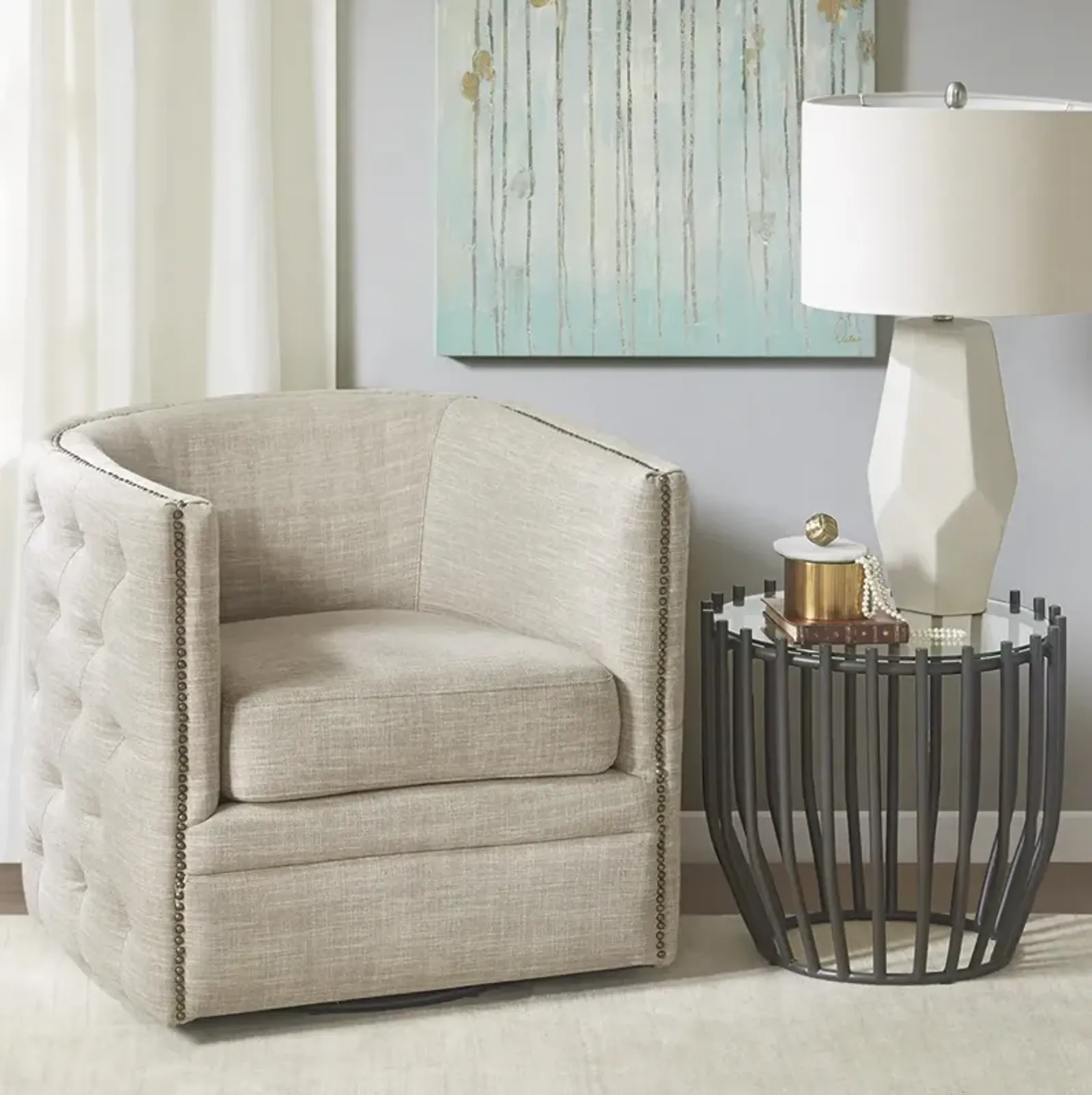 Madison Park Capstone Taupe Multi Tufted Barrel Swivel Chair