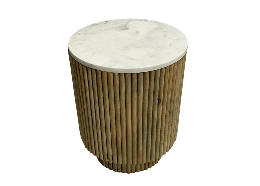 20" Ribbed Pedestal Table Marble Top, White/natura