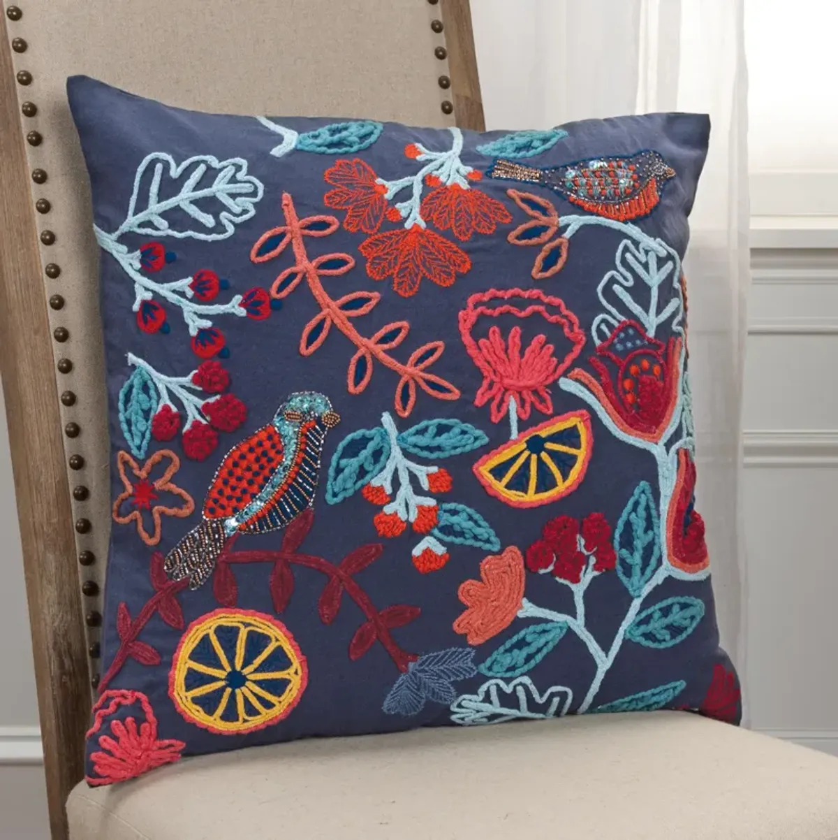 Floral With Bird Dark Blue Pillow