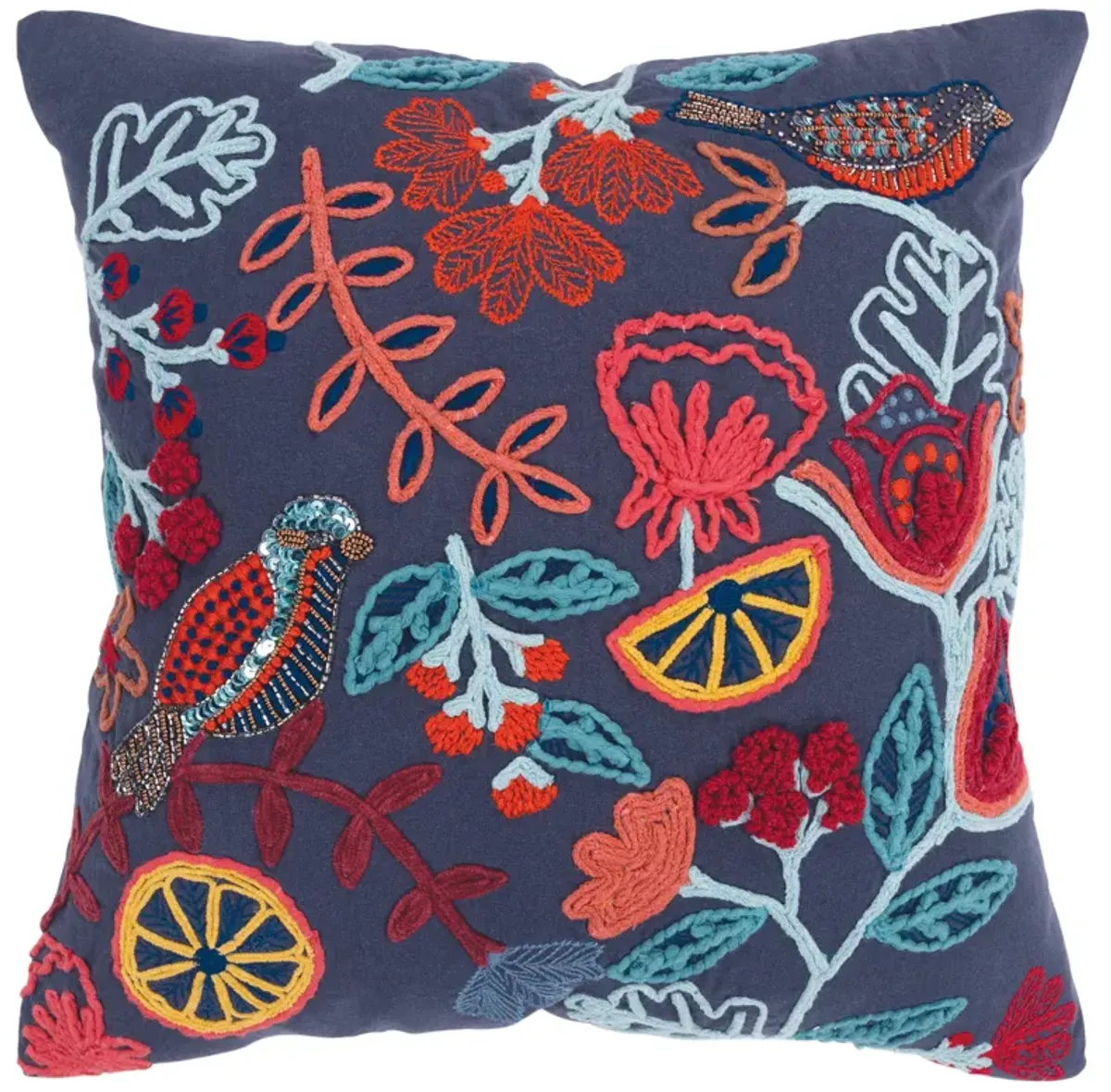 Floral With Bird Dark Blue Pillow