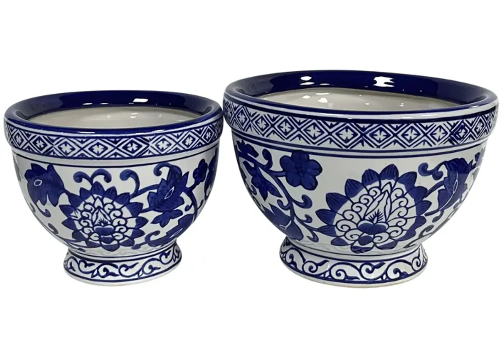 Cer, S/2 5/7" Bowl Chinoiserie Planters, Blue/wht