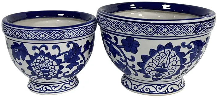 Cer, S/2 5/7" Bowl Chinoiserie Planters, Blue/wht