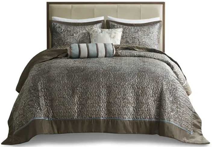 Madison Park Aubrey Blue/Brown 5 Piece Jacquard Bedspread Set with Throw Pillows