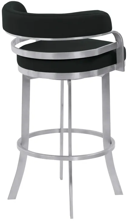 Prinz 30" Bar Height Swivel Black Faux Leather and Brushed Stainless Steel Bar Stool