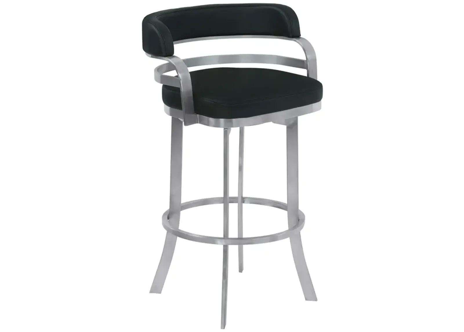 Prinz 30" Bar Height Swivel Black Faux Leather and Brushed Stainless Steel Bar Stool