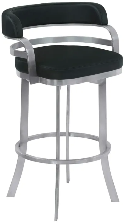 Prinz 30" Bar Height Swivel Black Faux Leather and Brushed Stainless Steel Bar Stool