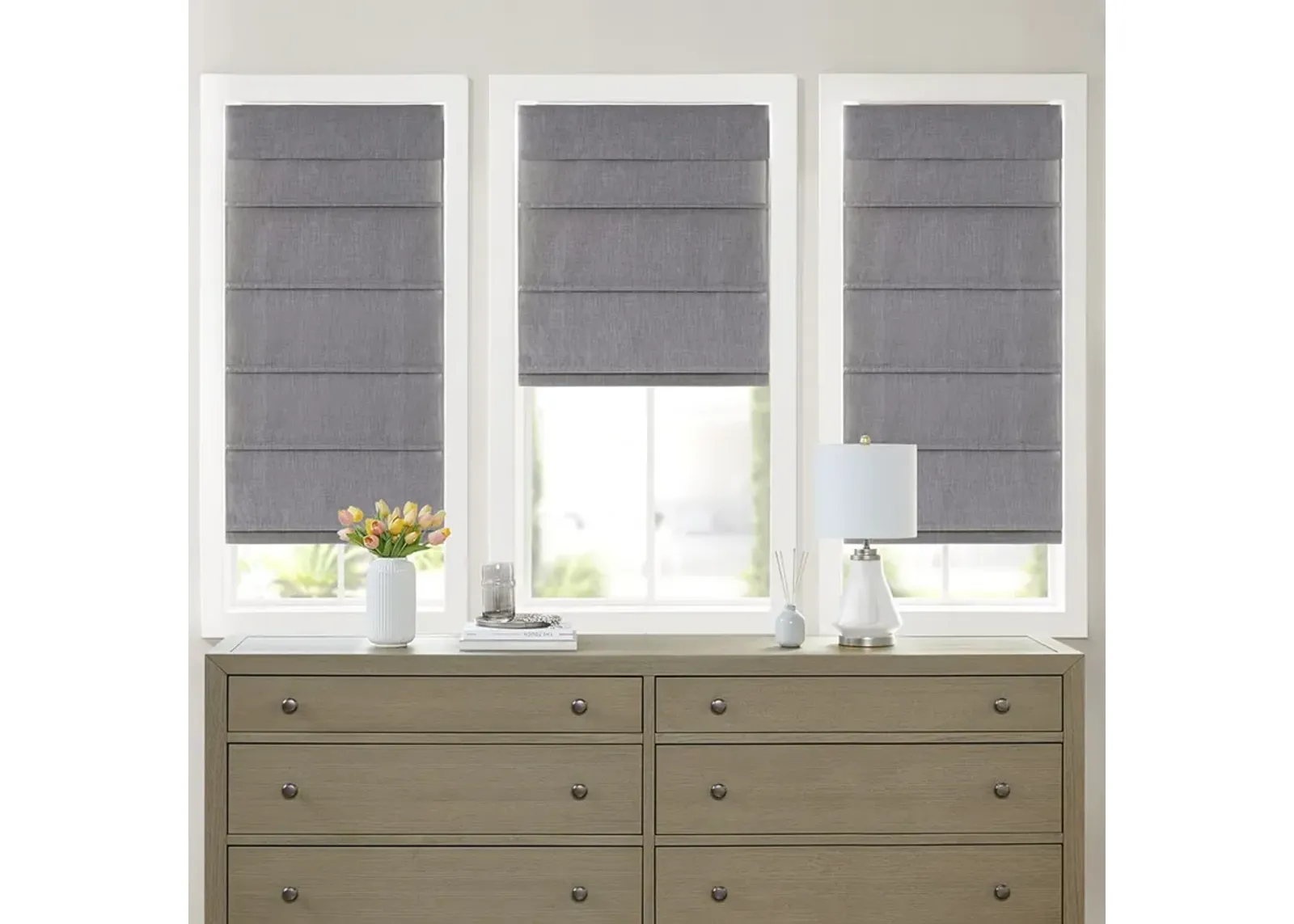 Madison Park Otis Grey Faux Linen Cordless Total Blackout Roman Shade