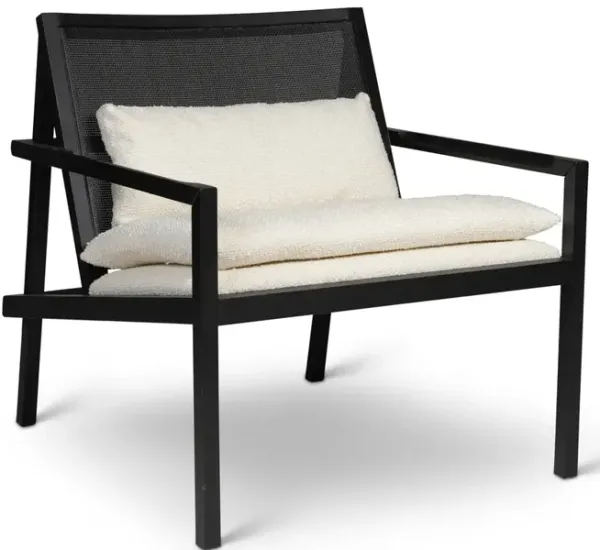 Modern Brazilian - Barra - Cane Lounge Chair - Boucle Ivory Upholstery - Black Frame - Black Cane Webbing