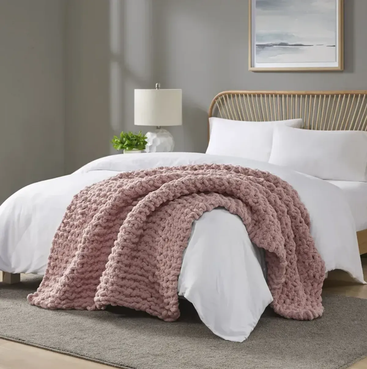 Madison Park Chenille Chunky Knit Blush Throw