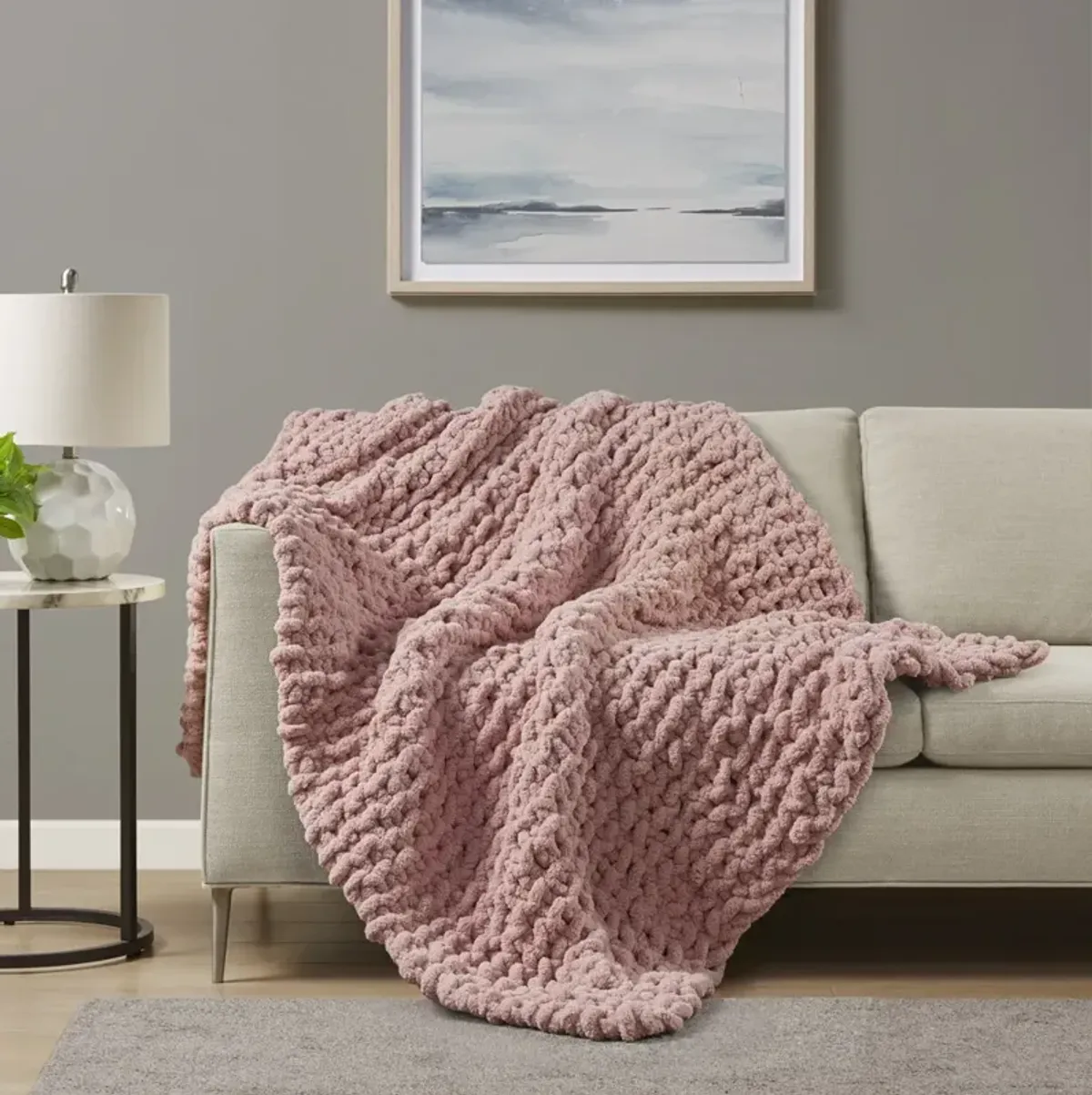 Madison Park Chenille Chunky Knit Blush Throw