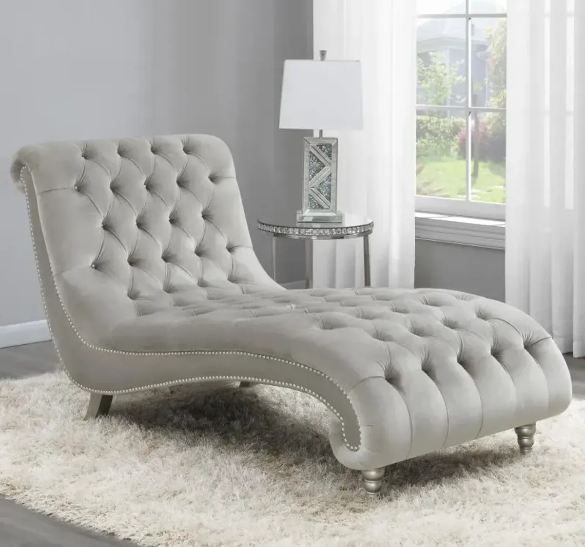 Lydia Tufted Cushion Chaise with Nailhead Trim Grey