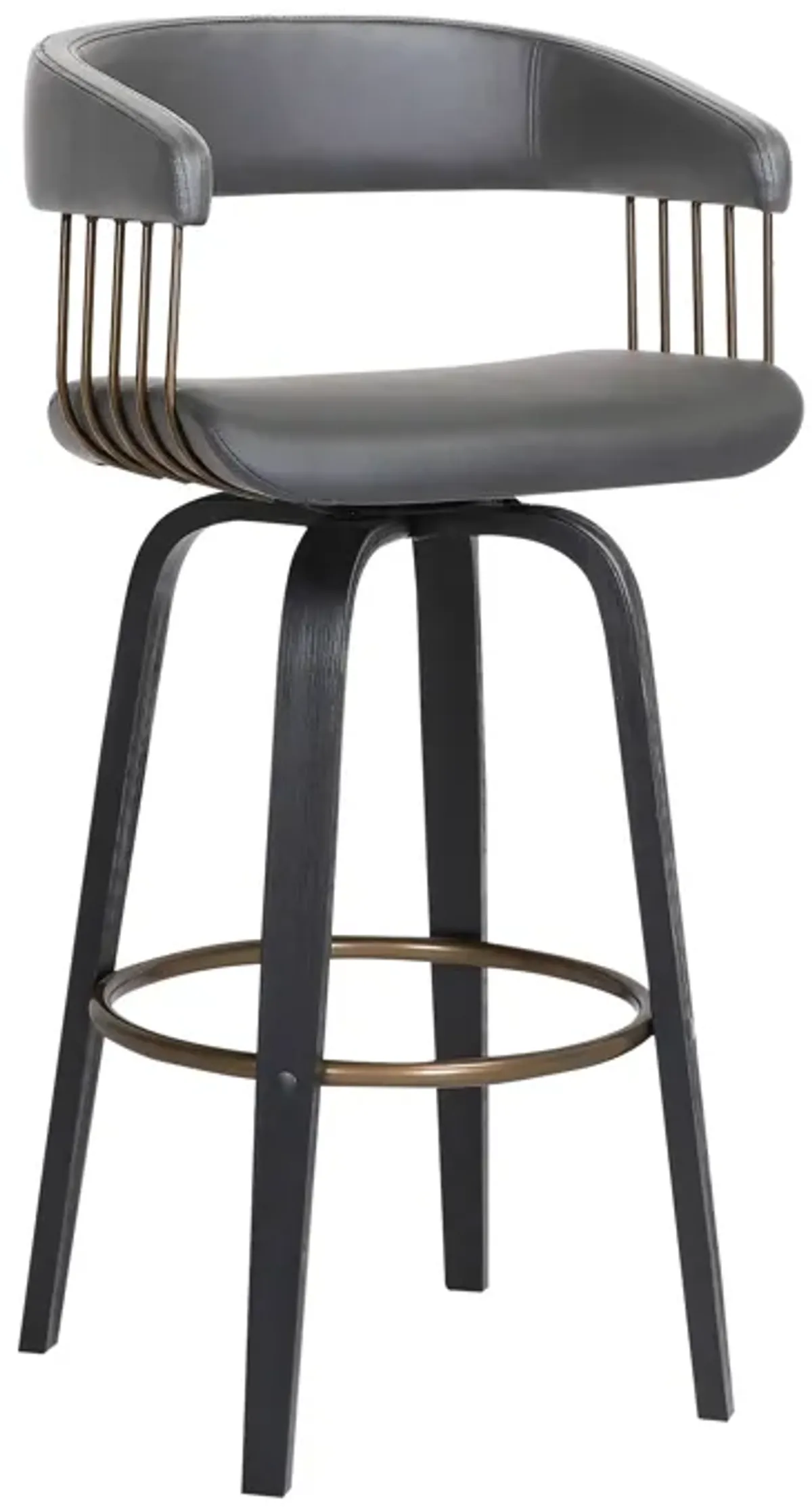 Topanga 26" Swivel Black Wood Counter Stool in Gray Faux Leather with Golden Bronze Metal