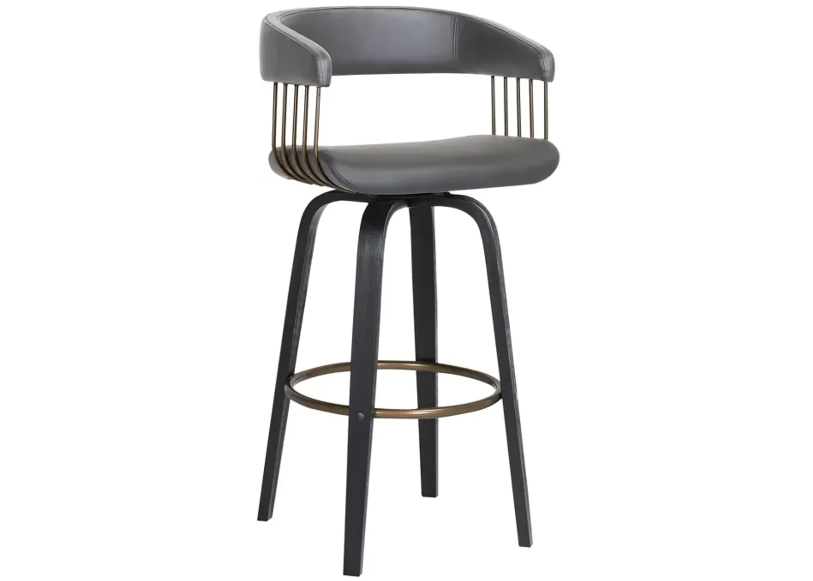 Topanga 26" Swivel Black Wood Counter Stool in Gray Faux Leather with Golden Bronze Metal