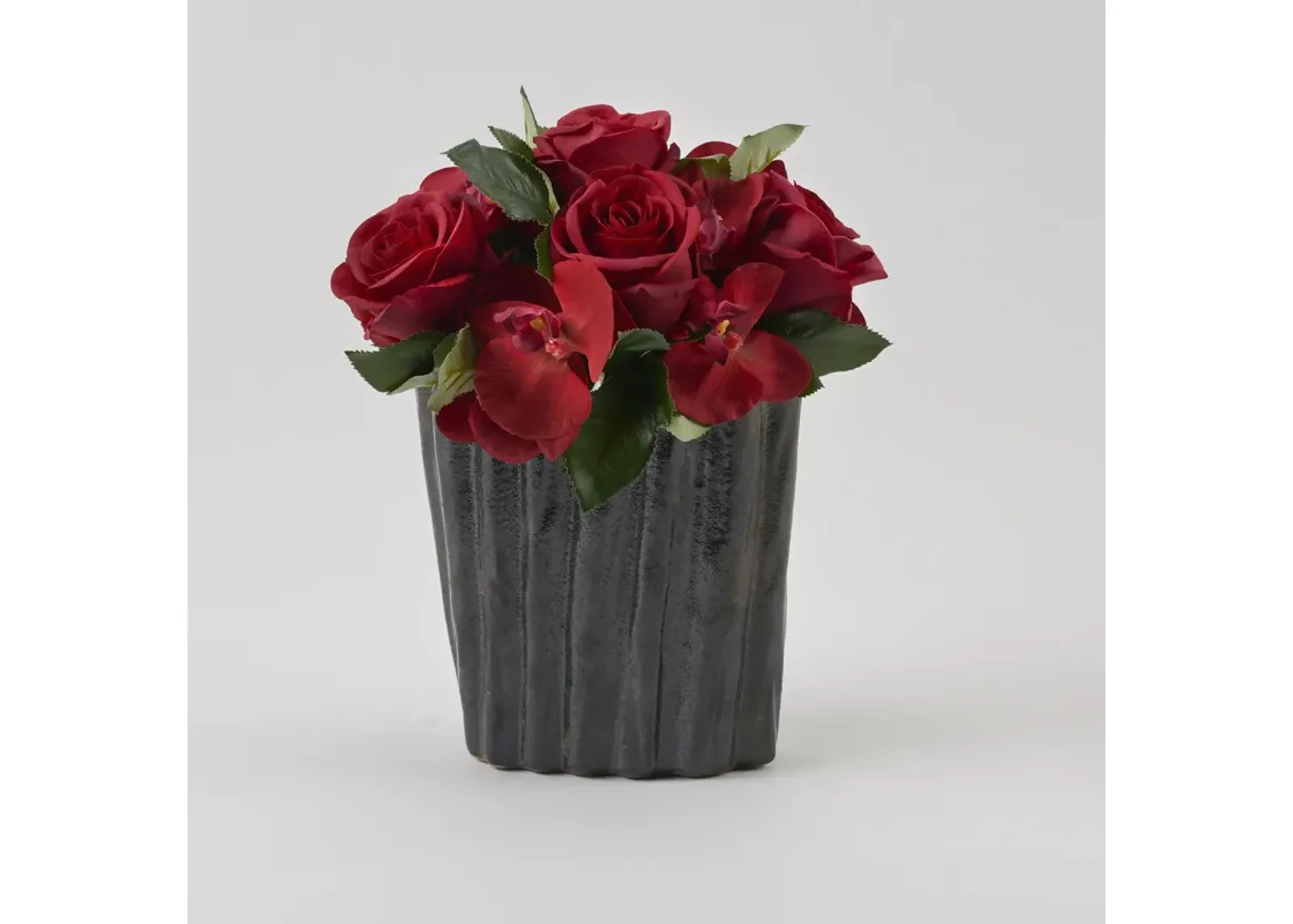 Natural Touch Red Roses And Phael Orchids in Oval Ceramic Planter