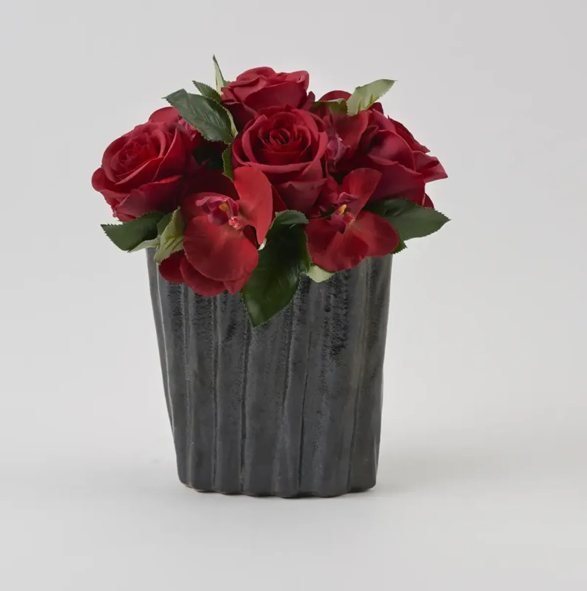 Natural Touch Red Roses And Phael Orchids in Oval Ceramic Planter