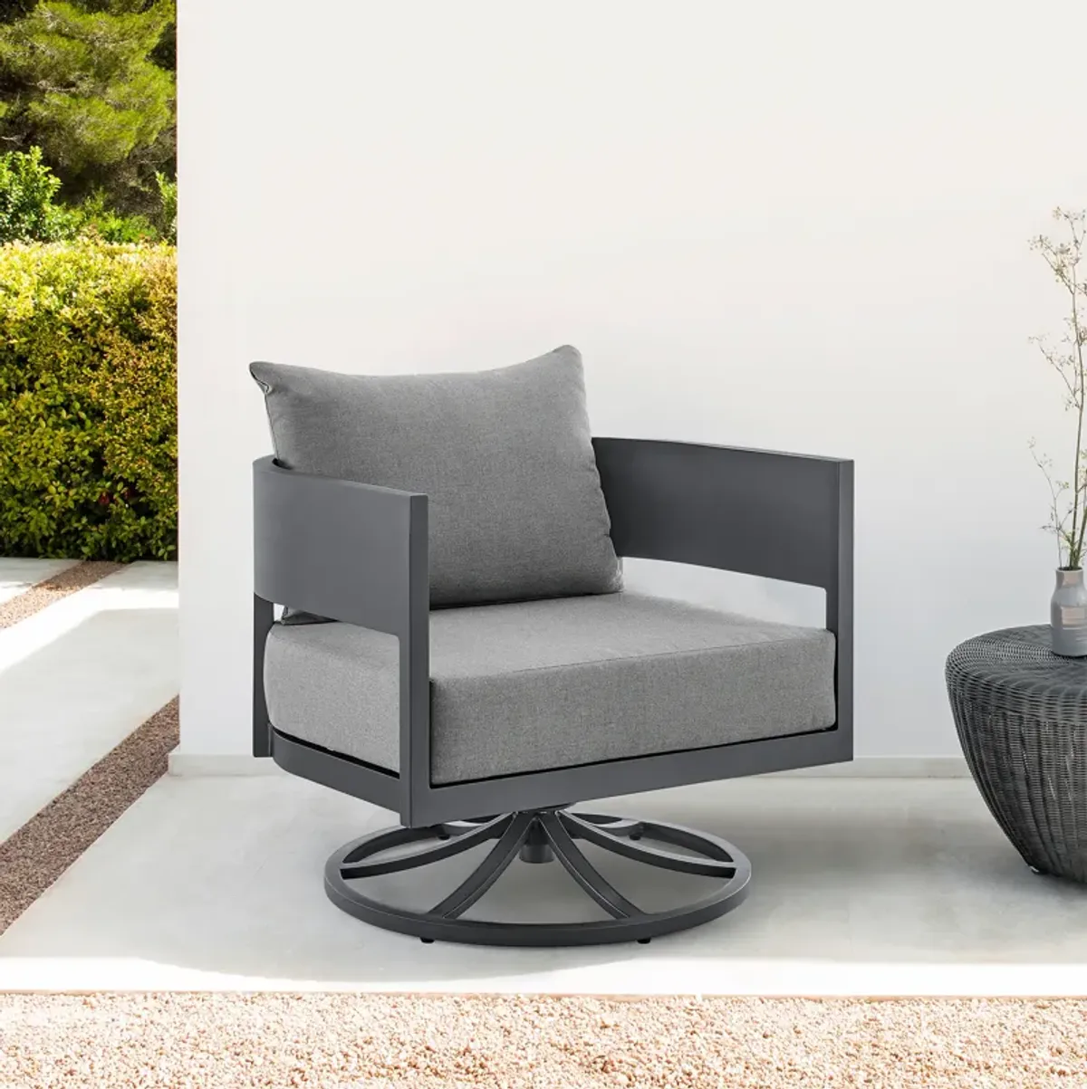 Argiope Outdoor Patio Swivel Rocking Chair in Gray Aluminum with Cushions