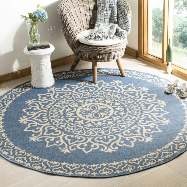 LINDEN 183 Collection LND183N-6R Cream / Blue 6'-7" X 6'-7" Round