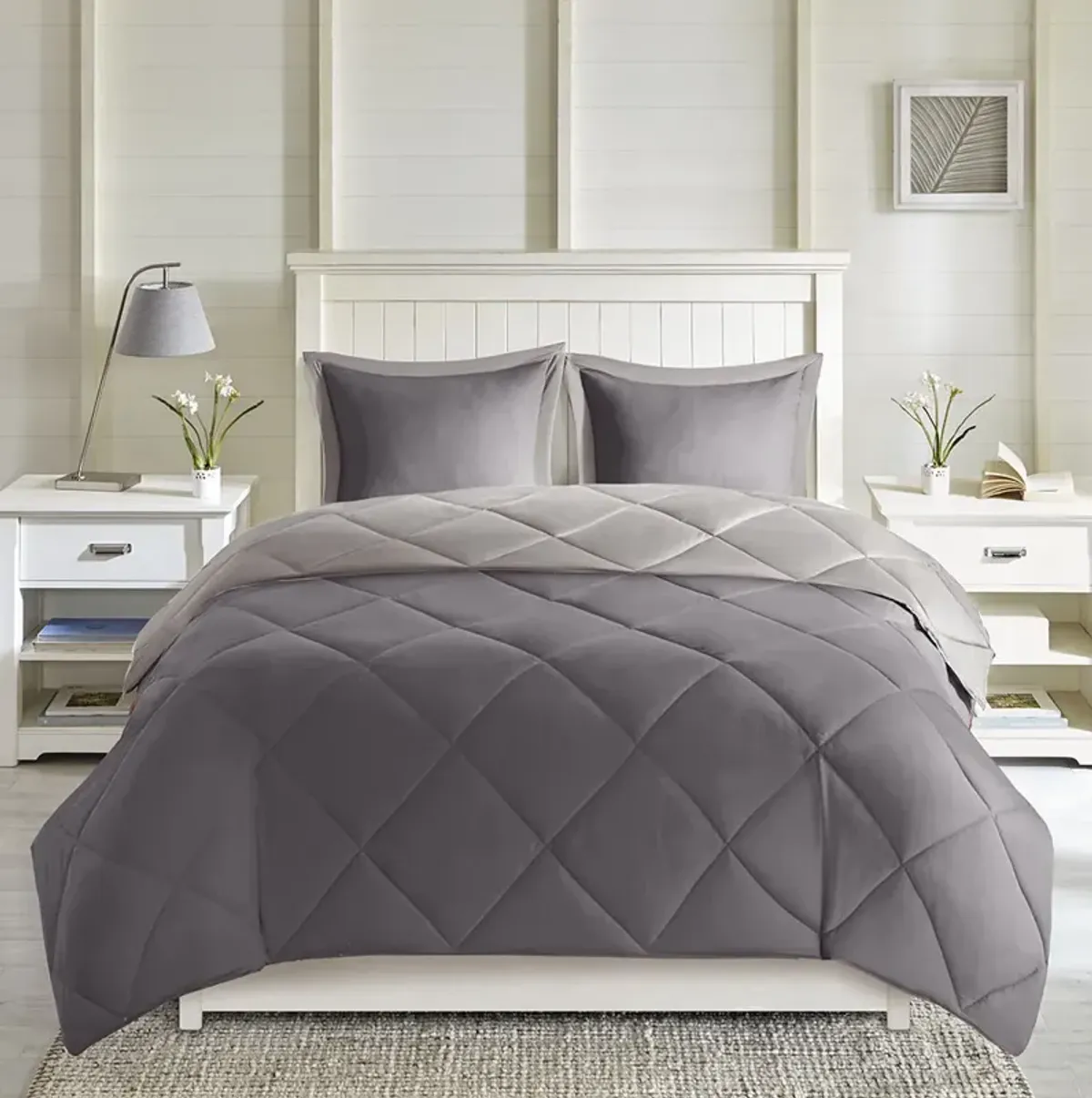 Madison Park Essentials Larkspur Charcoal/Grey 3M Scotchgard Diamond Quilting Reversible Down Alternative Comforter Set