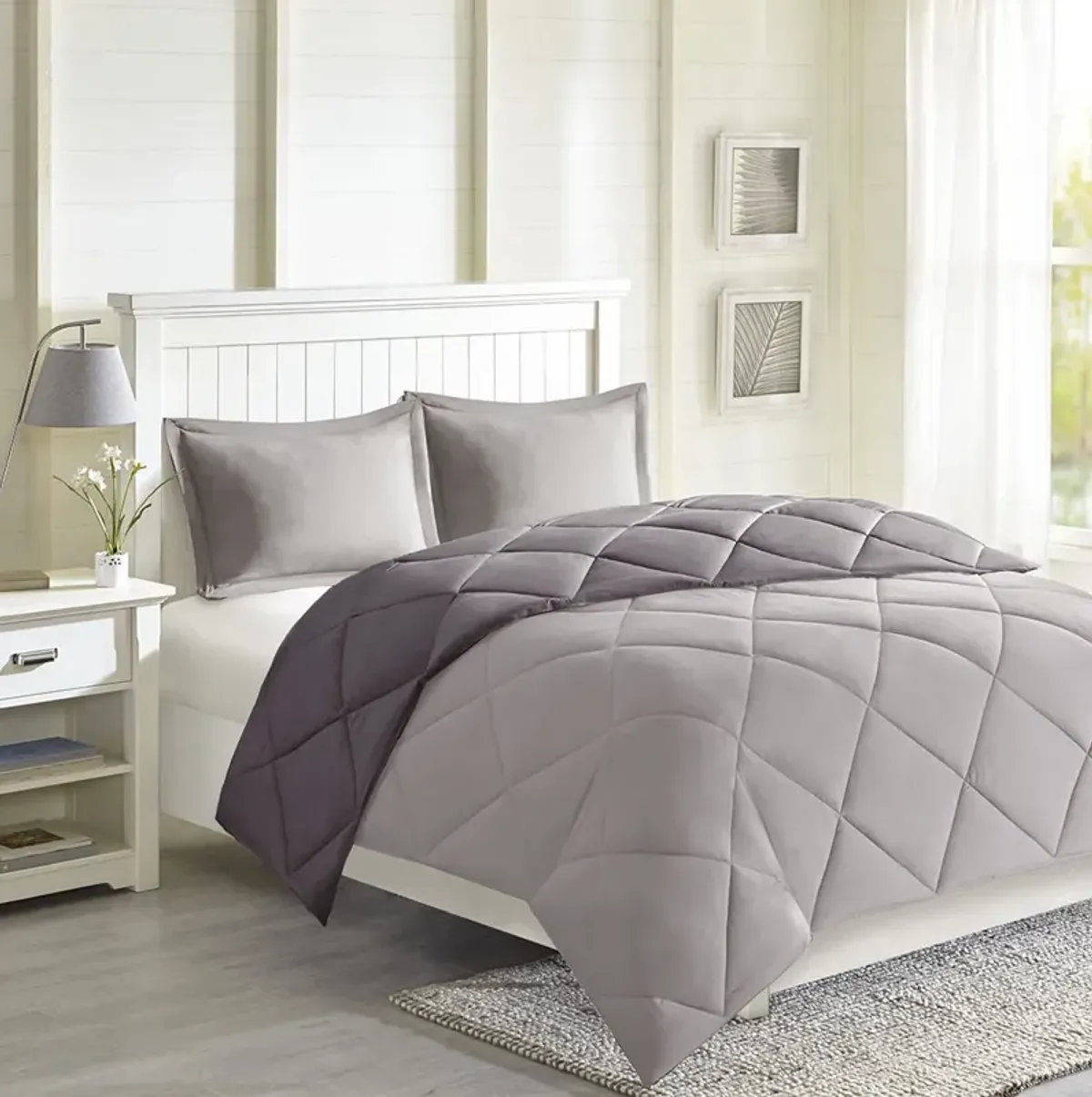 Madison Park Essentials Larkspur Charcoal/Grey 3M Scotchgard Diamond Quilting Reversible Down Alternative Comforter Set