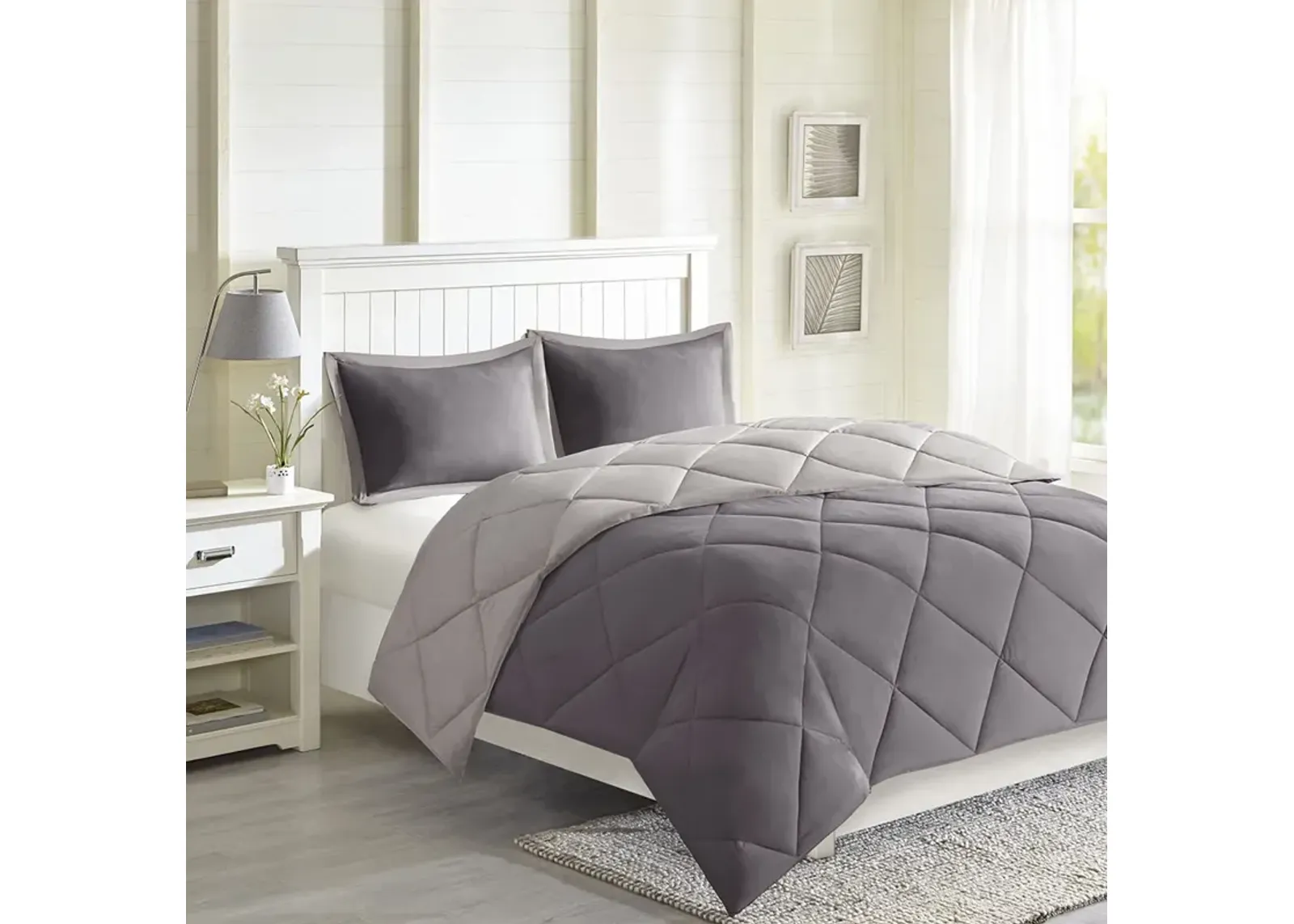 Madison Park Essentials Larkspur Charcoal/Grey 3M Scotchgard Diamond Quilting Reversible Down Alternative Comforter Set