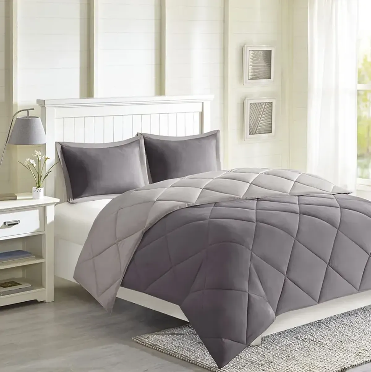 Madison Park Essentials Larkspur Charcoal/Grey 3M Scotchgard Diamond Quilting Reversible Down Alternative Comforter Set