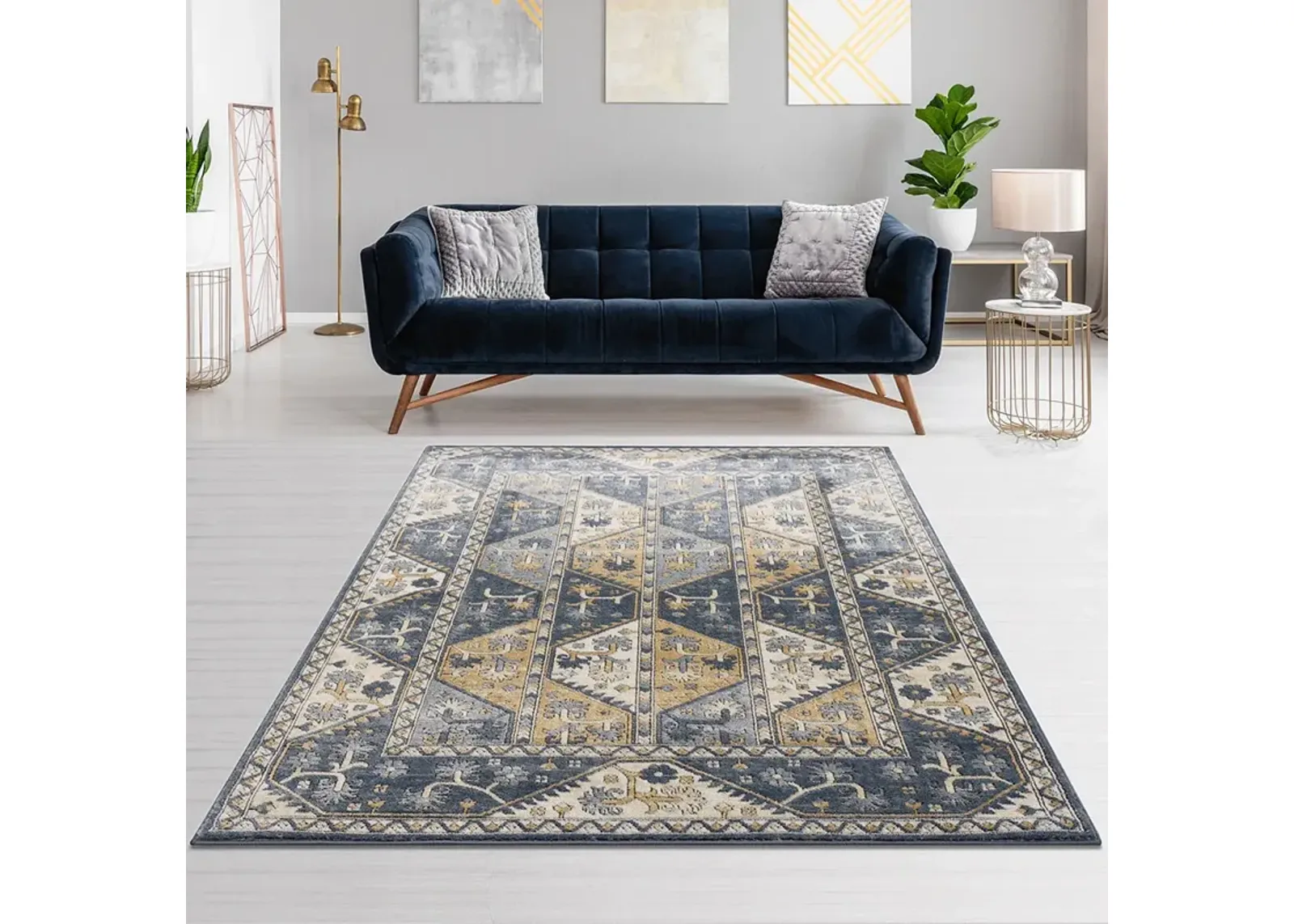 Madison Park Dakota Blue/Cream Tiled Border Area Rug