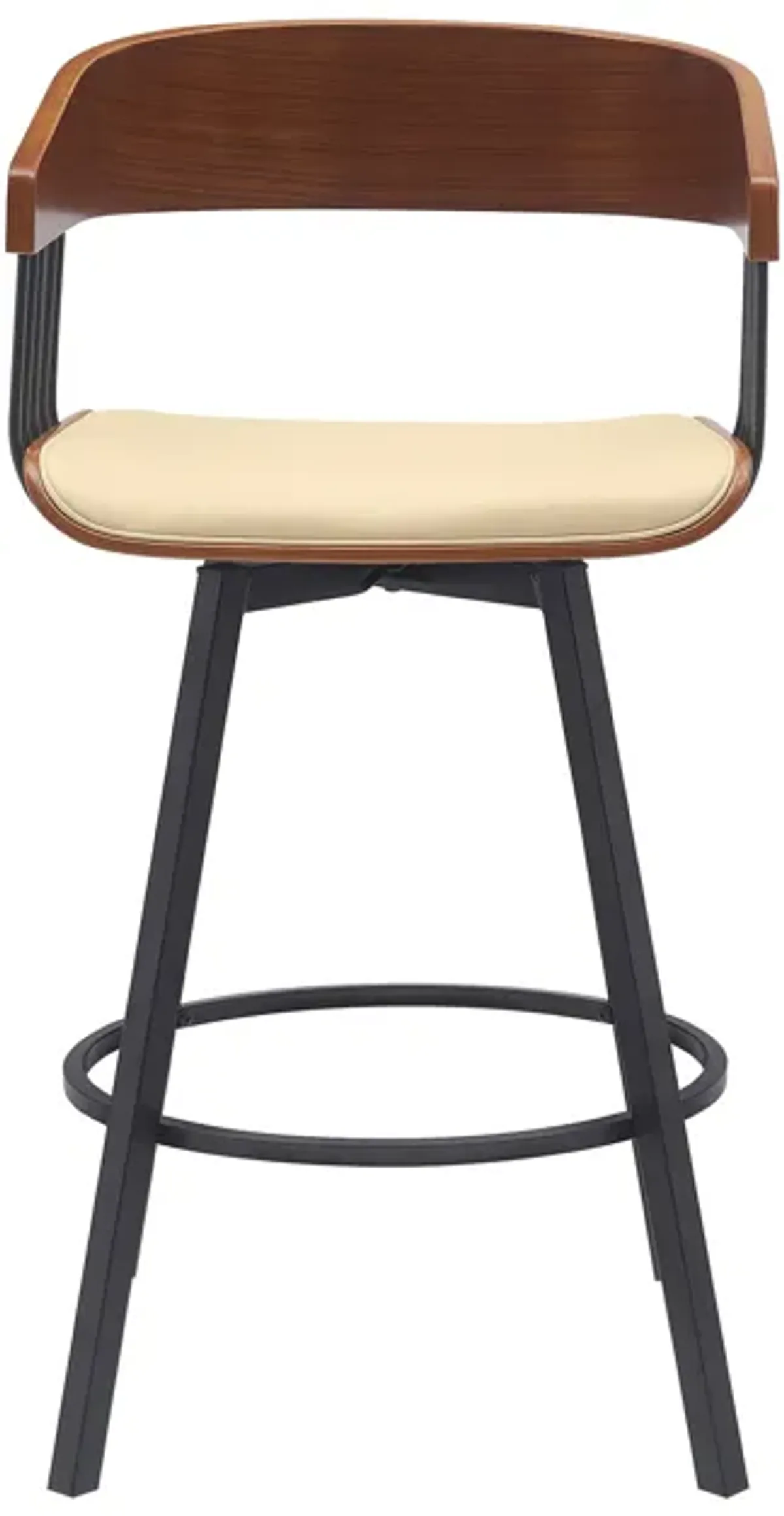 Athena 27" Swivel Walnut Wood Counter Stool in Cream Faux Leather with Black Metal