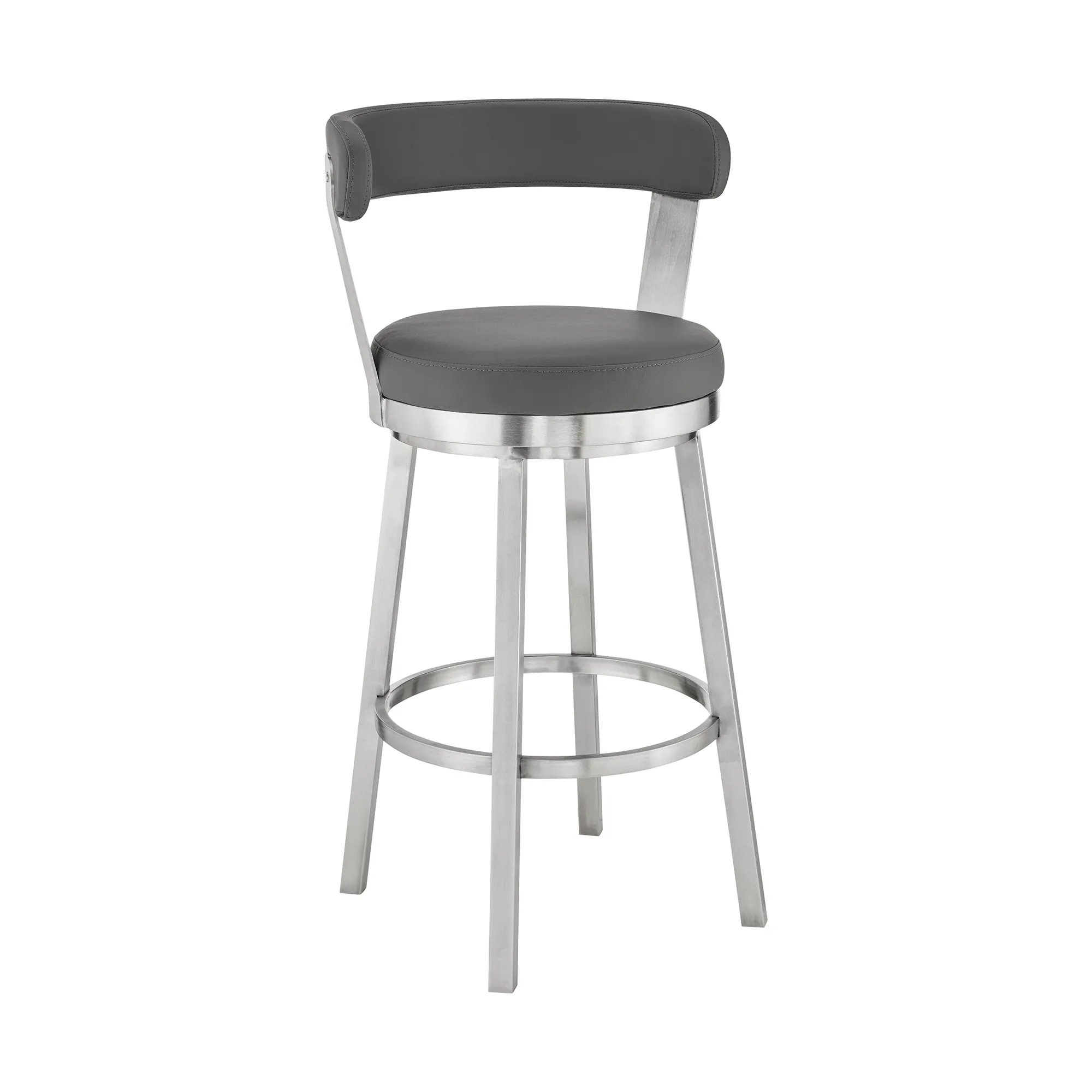 Bryant 26" Counter Height Swivel Bar Stool in Brushed Stainless Steel Finish and Gray Faux Leather