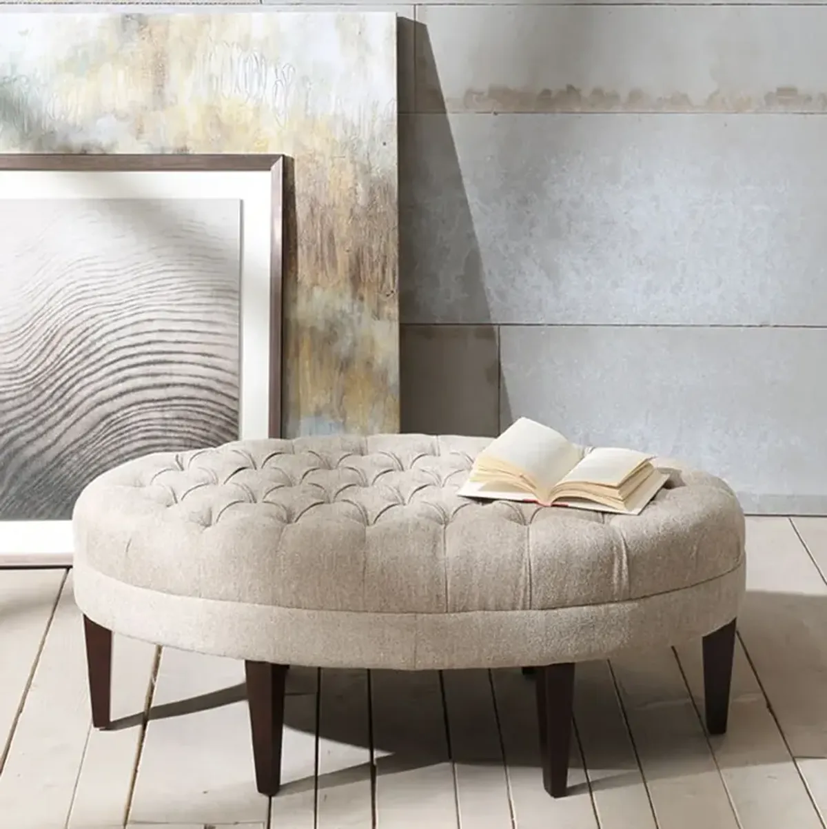 Madison Park Martin Linen Surfboard Tufted Ottoman