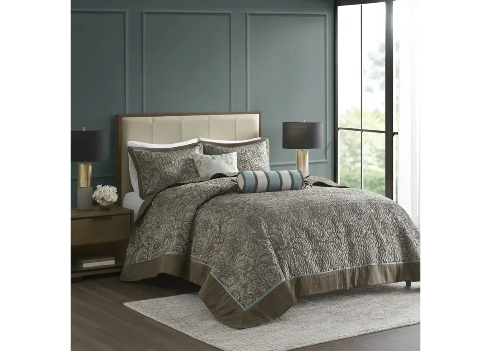 Madison Park Aubrey Blue/Brown 5 Piece Jacquard Bedspread Set with Throw Pillows