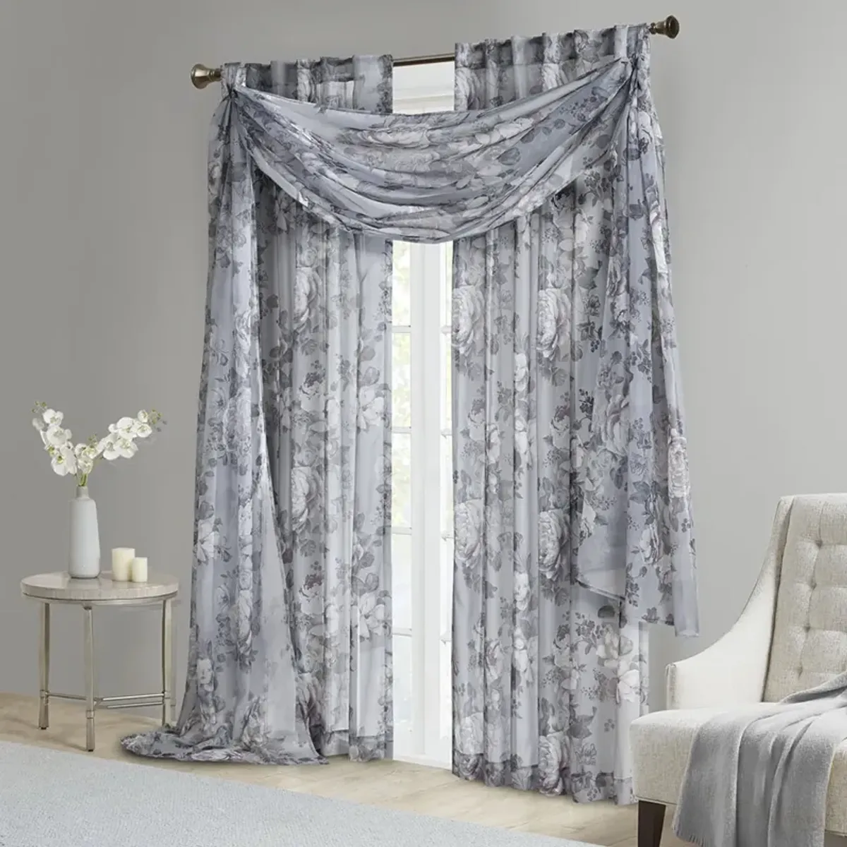 Madison Park Simone Grey Printed Floral Rod Pocket and Back Tab Voile Sheer Curtain