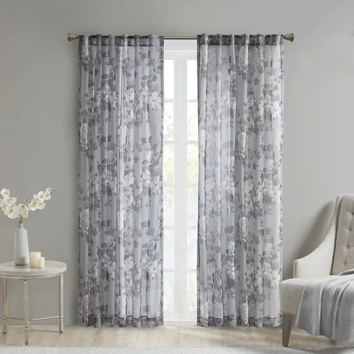 Madison Park Simone Grey Printed Floral Rod Pocket and Back Tab Voile Sheer Curtain