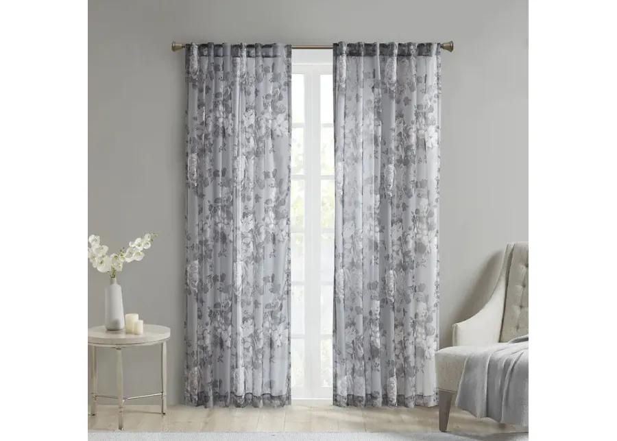 Madison Park Simone Grey Printed Floral Rod Pocket and Back Tab Voile Sheer Curtain